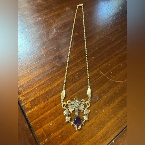 Edwardian Victorian Antique Gold Filled Amethyst Glass Mourning Jewelry Necklace